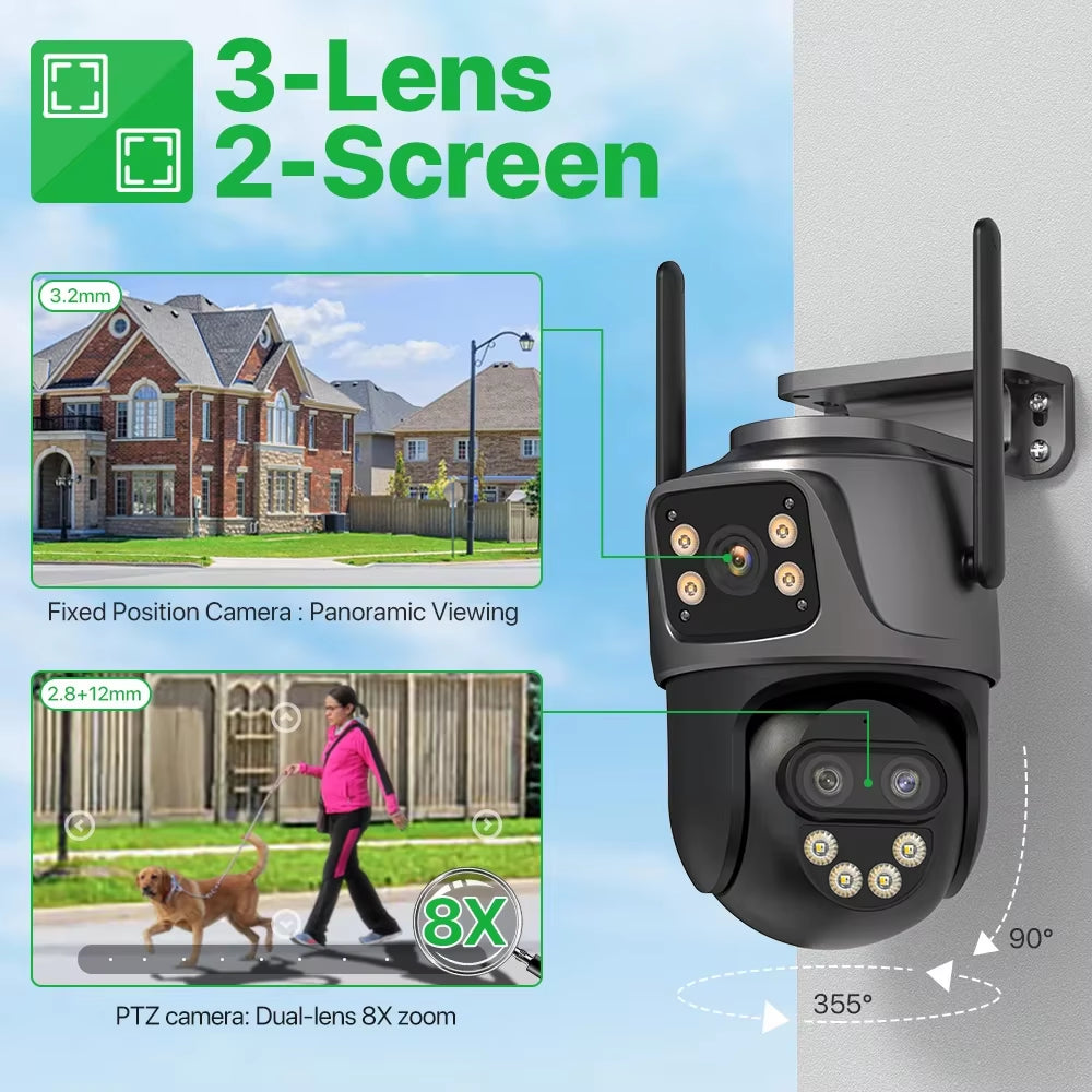WONSDAR IP Camera Outdoor Three-Lens External Wifi Camera 4K HD Dual Screen Security PTZ Cam Auto Tracking Surveillance Icsee