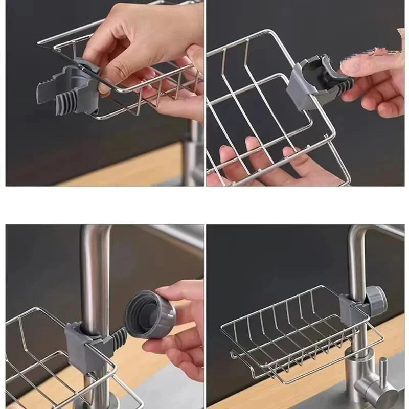 Stainless Steel Sink Drain Rack Sponge Holder Faucet Shelf Soap Drainer Towel Rack Kitchen Organizer Accessories for Counter