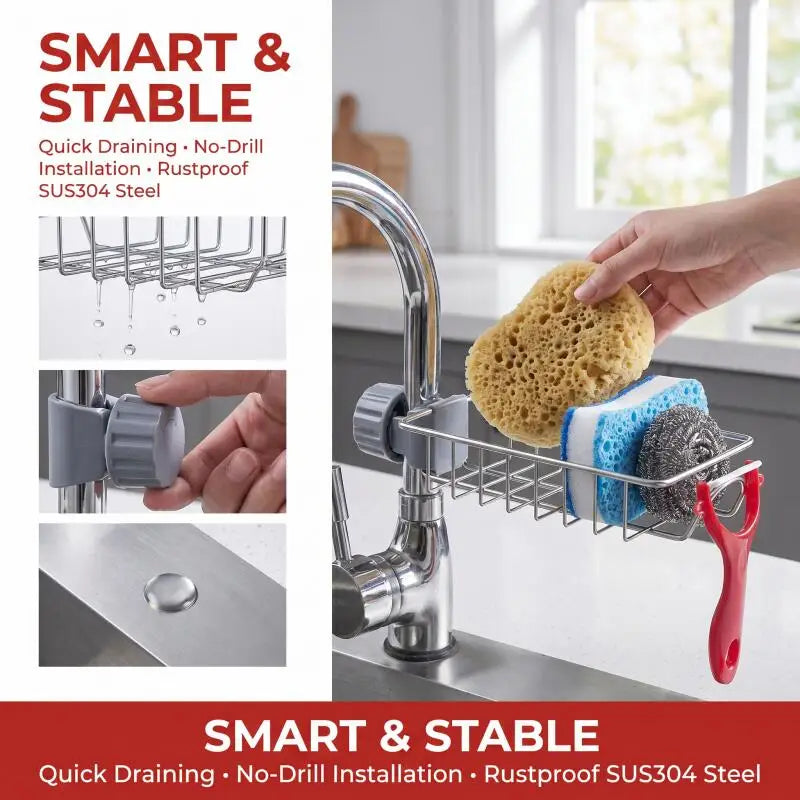 Stainless Steel Sink Drain Rack Sponge Holder Faucet Shelf Soap Drainer Towel Rack Kitchen Organizer Accessories for Counter