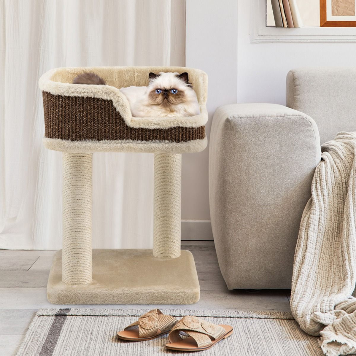 Tour D'Arbre À Chat Compacte Avec Perchoir En Peluche Et Griffoirs Pour Se Faire Ses Griffes Gris/Beige